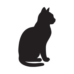 Black cat silhouette sitting on white background in cute cartoon vector style.