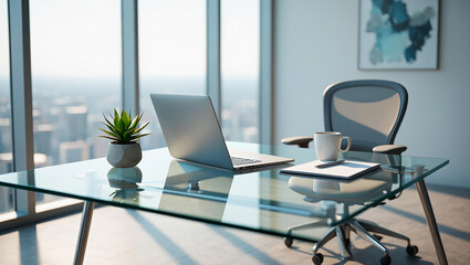 modern office desk, workspace setup, laptop on table, home office design, minimalist workspace, office interior, contemporary desk setup, clean office space, work from home, remote work setup, stylish