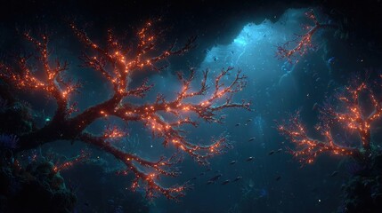 Glowing Pixelated Tree Branches At Night