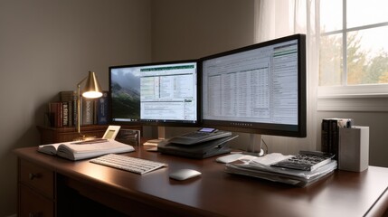 Modern accounting workspace with dual monitors and professional setup