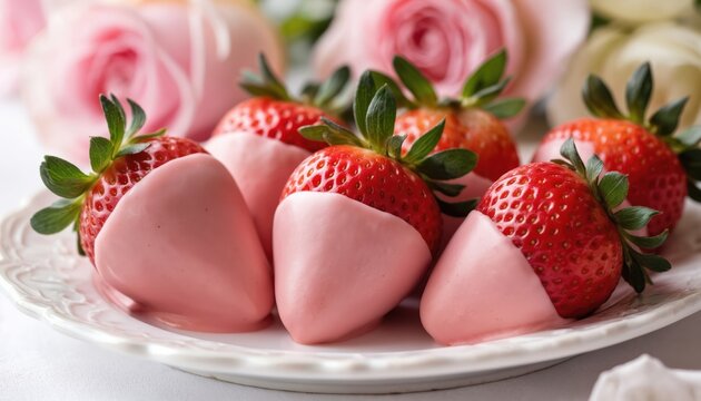 Strawberries dipped in smooth pink chocolate presented on elegant white plate. Fresh berries coated with confectionery treat. Delicious, appetising, handmade dessert, perfect for celebrations,