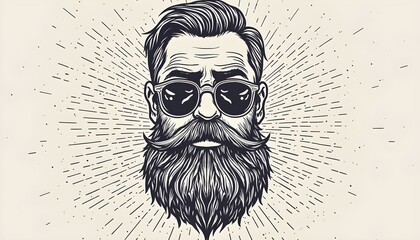 Stylish man with a full beard and sunglasses showcasing a vintage aesthetic against a sunburst design in a monochrome illustration Generative AI