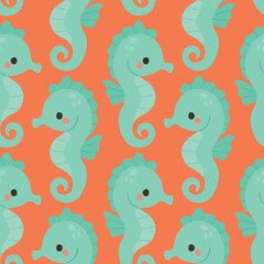 Adorable mint seahorses on bright orange seamless repeat background bring cheerful charm to kids' ocean themes, aquatic decor, and sea creature illustration sets.