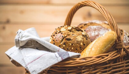 Rustic Basket with Folded Cloth and Bread Soft Focus