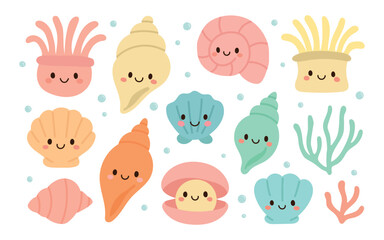 Happy sea creatures including clams, coral, and bubbles in pastel colors form a kawaii underwater illustration set perfect for kids’ graphics, stickers, and prints.