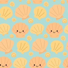Friendly scallop shells in warm peach and yellow tones smile across a seamless repeat ideal for beach-themed kids' fabrics, summer textiles, and cheerful prints.