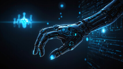 Robotic hand interacting with glowing digital data network