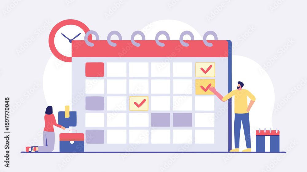 Poster illustration of a large calendar with people marking tasks and a clock in the background