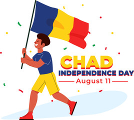 A young African boy joyfully runs while waving the flag of Chad, celebrating Independence Day on August 11. The background features festive elements.