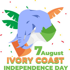A colorful design celebrating Ivory Coast's Independence Day on August 7, featuring the national flag and an elephant symbolizing pride and freedom.