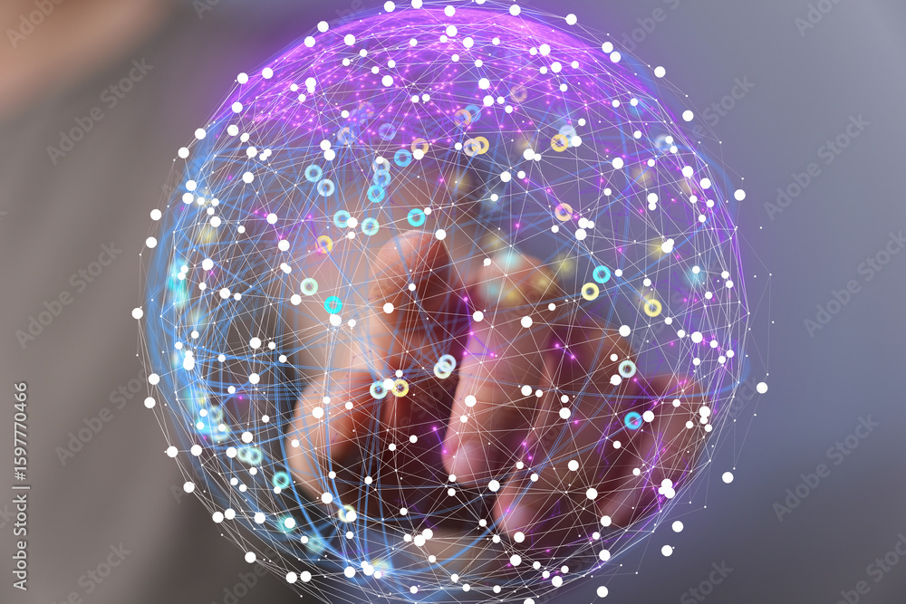Poster high-tech image of a hand interacting with a digital global network. perfect for technology, connect