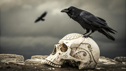 Raven perched on skull gothic dark art halloween spooky crow death and macabre themes for wallpaper and background