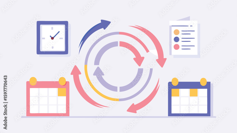 Poster illustration of a workflow cycle with clock, calendar, and task list on a light background