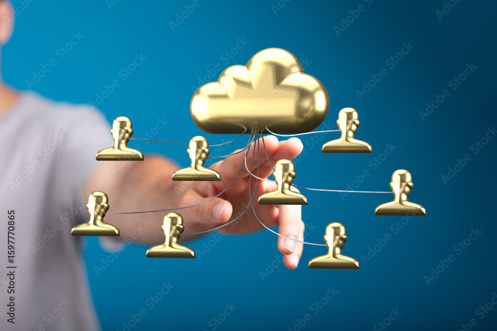 Aufkleber golden cloud icon and connected user profiles illustrate secure data sharing and cloud collaboration