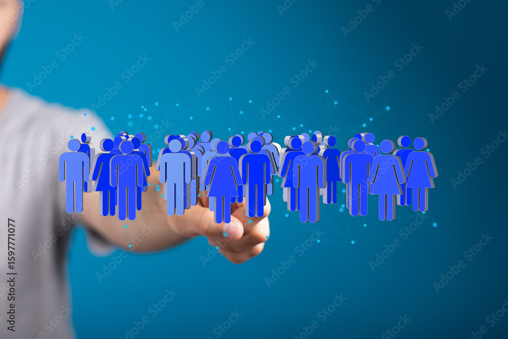 Poster image of hand interacting with a digital network of people, representing global connections and comm