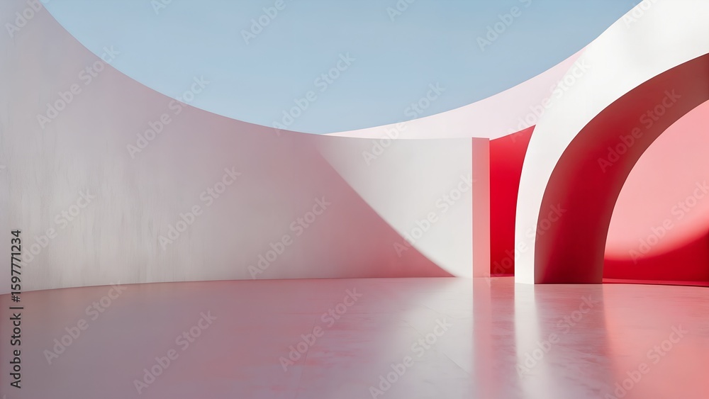 Aufkleber 3d render of red curved futuristic architecture with concrete floor