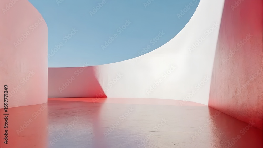 Poster 3d render of red curved futuristic architecture with concrete floor