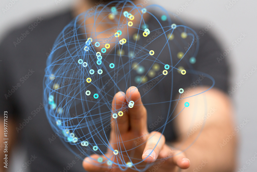 Poster abstract image of a hand interacting with a digital global network. represents connection, technolog