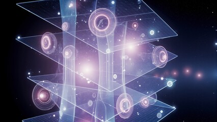 Abstract AI algorithm visual with glowing data tunnels digital symbols sharp grid and transparent layers inside dark immersive tech simulation