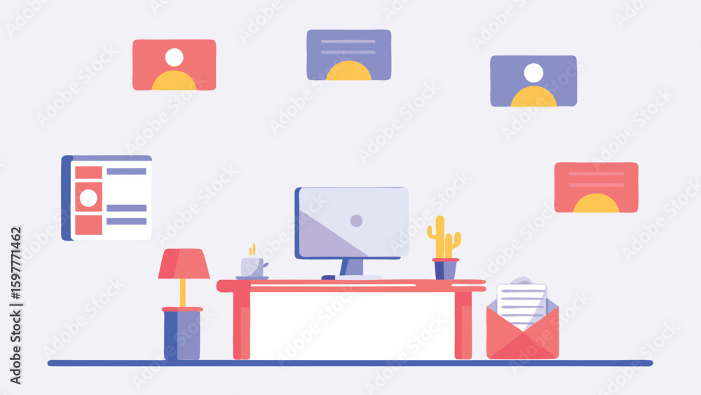 Poster illustration of a desk with a computer and various office related items on a light background