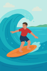 Man surfing on orange surfboard riding ocean wave near tropical shore. Vector stock illustration eps 10.