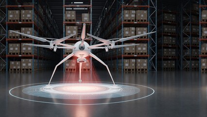 AI powered drone hovering in warehouse scanning boxes using lidar and infrared sensors in fully automated inventory tracking system