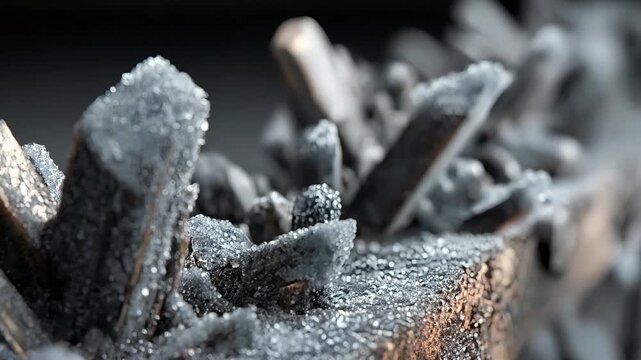 Macro view of carbon dioxide crystals forming on the surface of sub-zero heat exchanger fins, showing intricate frost patterns and sharp ice structures in extreme cold conditions.