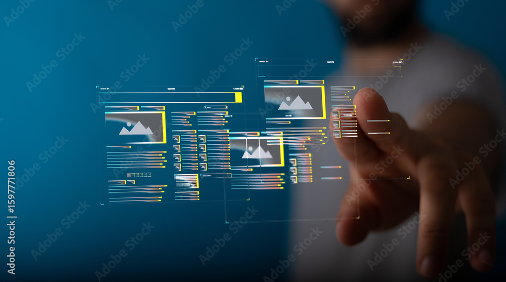 Poster person interacts with a digital interface showing website design elements. modern technology concept
