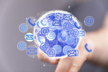 Image depicts worldwide connectivity via email, phone, and internet.  Ideal for technology,...