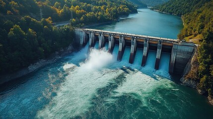Hydroelectric dam generating renewable energy, harnessing river power with turbines for sustainability goals 