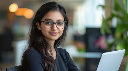 Indian woman software developer working on laptop, lines of code displayed, professional tech workspace. 