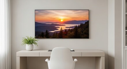 A modern office with a large tv displaying a sunset landscape