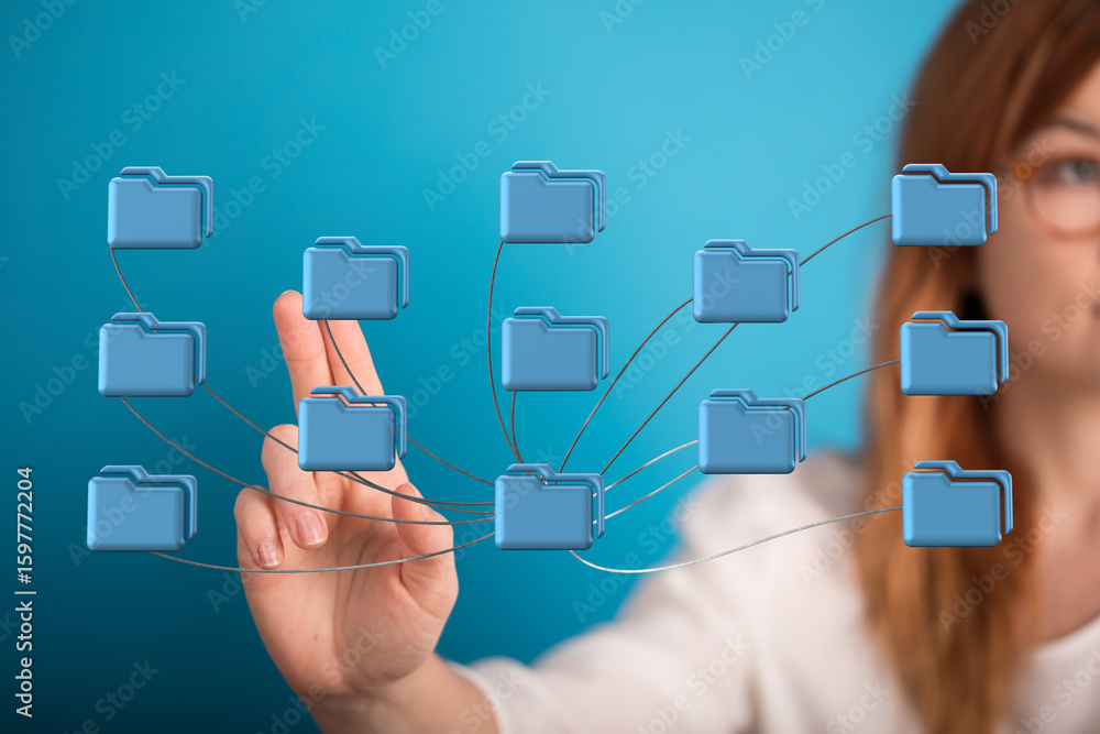 Poster hand interacting with a network of digital files, representing data management or cloud storage.