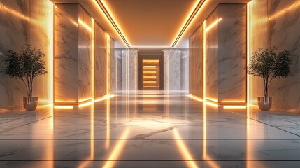 Illuminated Corridor Interior with Modern Lighting and Sleek Futuristic Architectural 3D Rendering