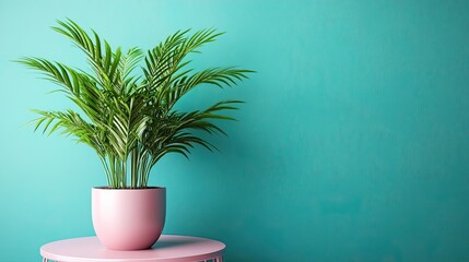 Indoor plant on pink steel coffee table against turquoise wall with geometric pattern, relaxing home space 