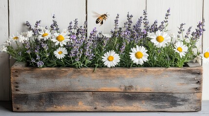 Honey bee flying over white daisies and lavender flowers in a rustic wooden planter box 