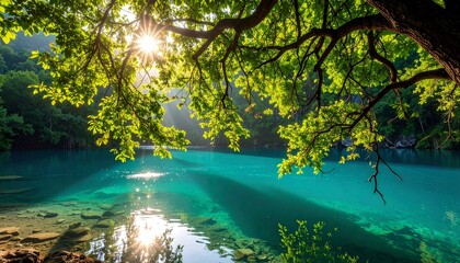 Fototapeta premium Agua verde azulada iluminada por el sol con ramas de árboles colgantes