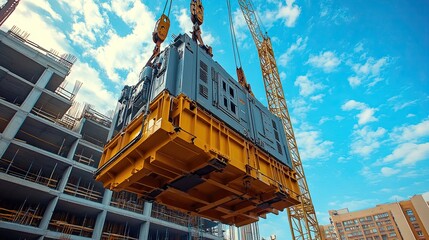 Industrial Crane Lifting a Heavy Electric Generator at a Construction Site, Heavy Equipment in Action 