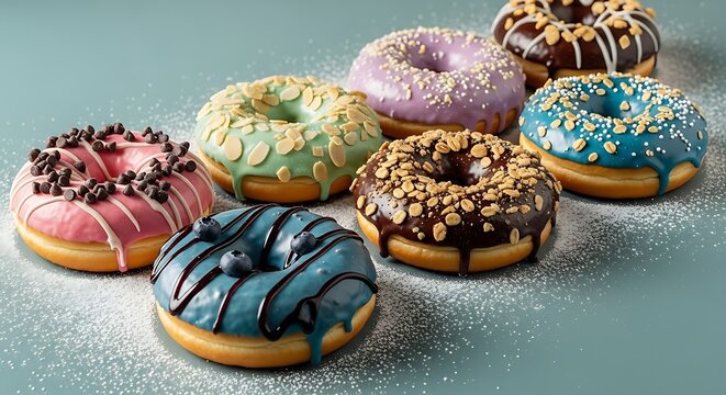 Artistically frosted donuts with diverse toppings in a mouth-watering, vibrant arrangement, Delicious donut display showcasing variety and rich colors, set against a cool background