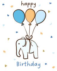 Cute Birthday Background, Elephant with Balloons, Hand Drawn, Doodle, Simple Background with Elephant and Confetti, Happy Birthday Background, Transparent 