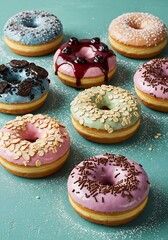 Sweet Temptations: A Colorful Array of Glazed Donuts on Teal Surface,Delicious Donuts: Indulgent Treats with a Variety of Colorful Glazes and Toppings