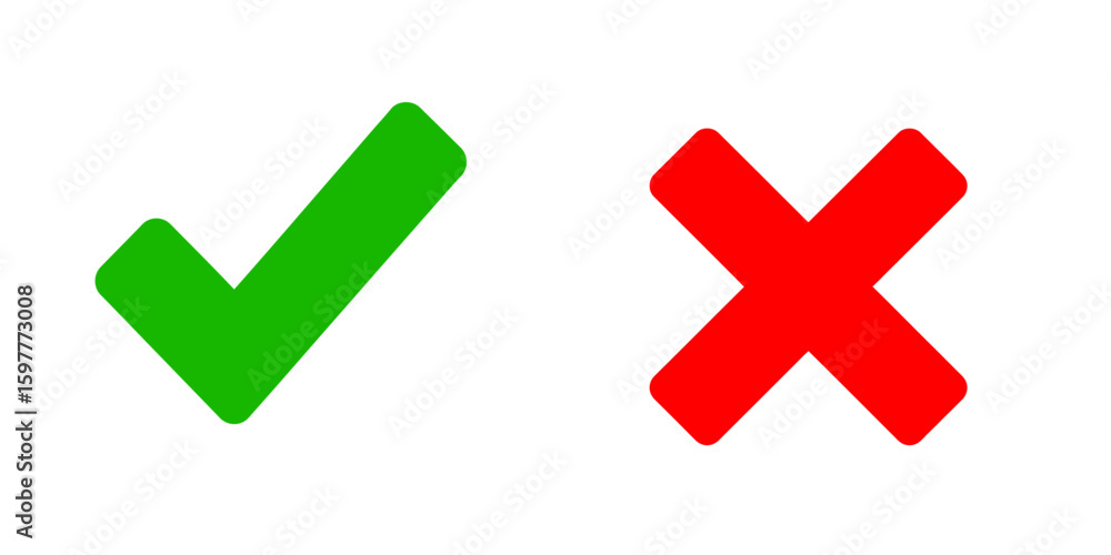 Poster simple green check mark and red cross mark vector icon set for approval and rejection symbol decisio