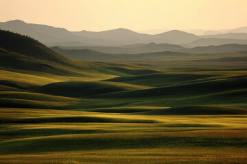 breathtaking view of russian steppe grassland bathed in golden hour light