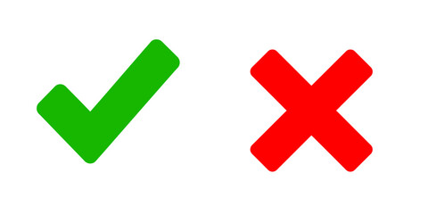 Simple green check mark and red cross mark vector icon set for approval and rejection symbol decision choice button for web and mobile app design
