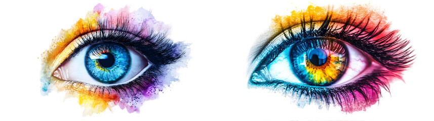 A colorful eye with long lashes. The eye is surrounded, The colors of the eye are vibrant and eye-catching isolated