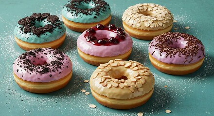 Variety of Donuts on Teal Surface with Sprinkled Powder, An array of colorful and delicious doughnuts displayed on a vibrant teal-colored backdrop