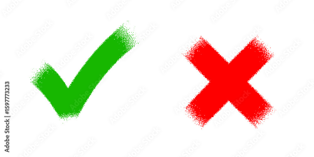 Poster green check and red cross mark painted with ink brush stroke effect for grunge style validation symb