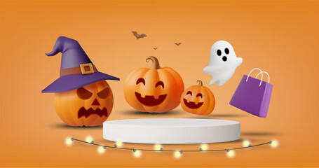 3D Vector Illustration Rendering of Halloween Scene. Colorful Pumpkin Face, Witch Hat, Ghost, Bag, Circle Stand, Ornaments, Cute and Modern Atmosphere. Shopping Concept, Holiday Product Promotion.