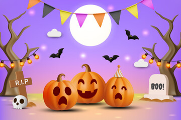 3D vector illustration rendering of a Halloween party scene. Pumpkins, fun mood, dead trees, bats, skulls and gravestones under a full moon, creating a cute yet slightly spooky atmosphere.