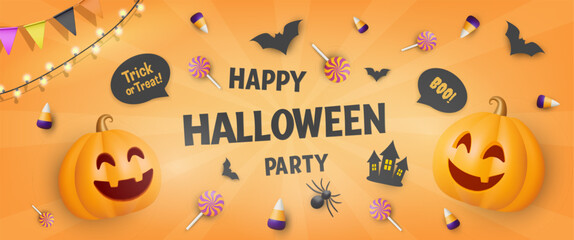 3D Vector Illustration Rendering of Bright Halloween Party Banner with Smiling Pumpkin, Bats, Candy and Lights. Fun Feeling for Social Media, Party, Festival.